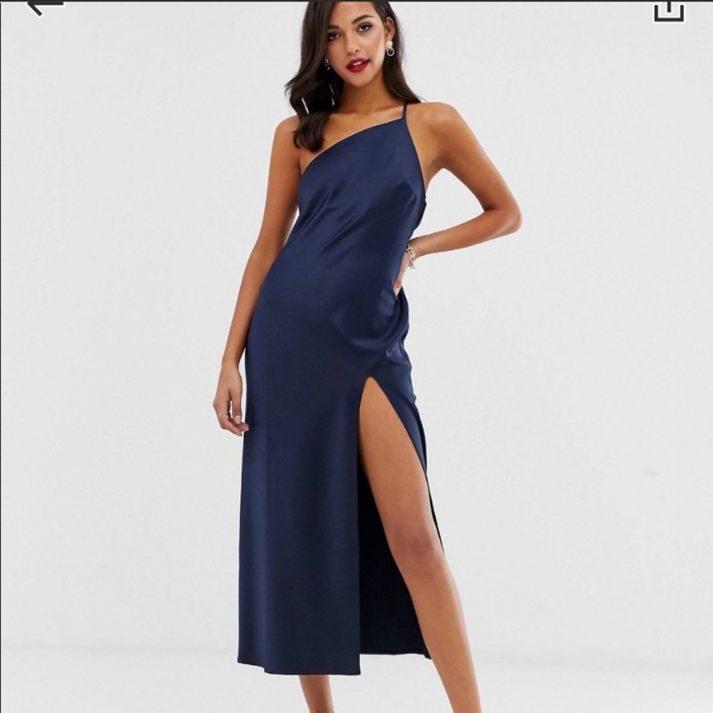 ASOS Navy One-Shoulder Satin Slip Dress with High Thigh Slit